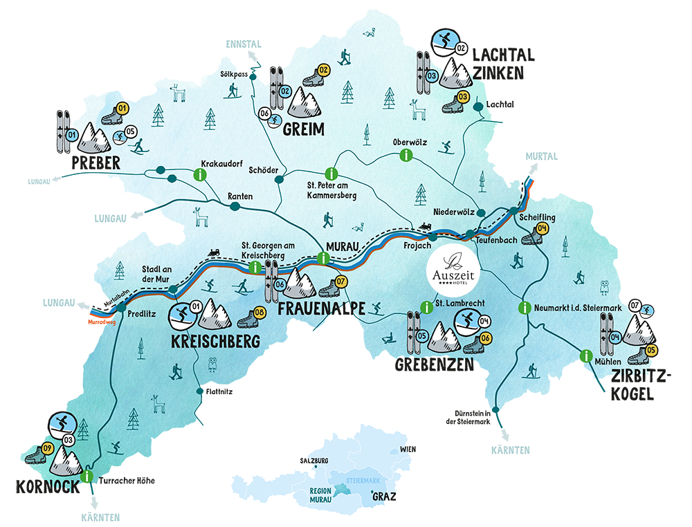 Skigebiets-Karte der Region Murau für Skiurlaub Österreich